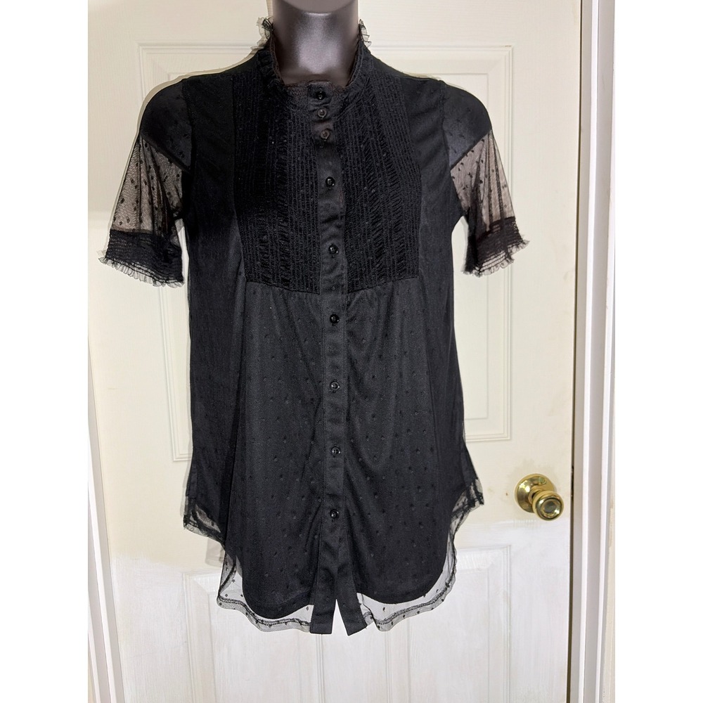 Suzanne Betro Black Swiss Dot dark fairy Blouse Ruffle  Smocked Top Medium
